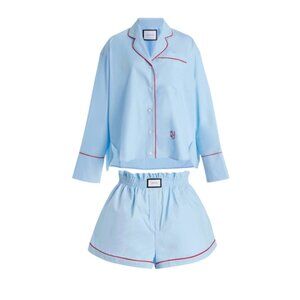 Yaitte Provence Cotton Poplin Pajama Set Womens XL Blue Red Trim Long Sleeve